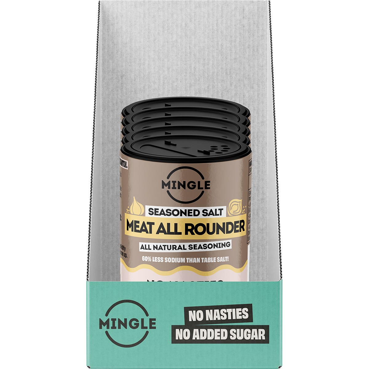 Retail display box of Mingle Meat All Rounder Seasoning with several 50g snack sachets on a white background.