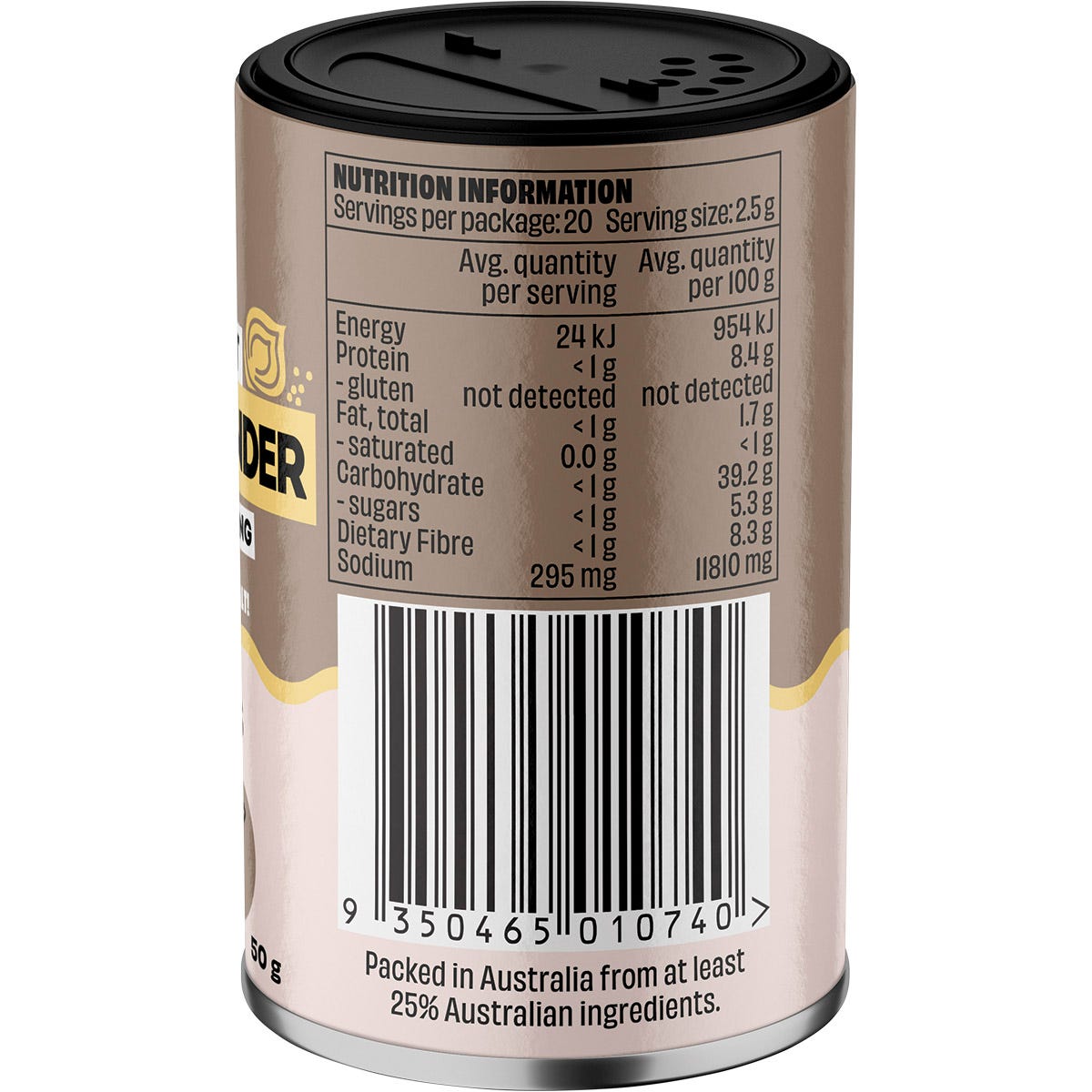 Side view of a Mingle Meat All Rounder 50g sachet highlighting its use as a salt substitute with less sodium.