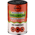Five 50g shaker jars of Mingle Chilli and Lime All Natural Seasoning on a white background.
