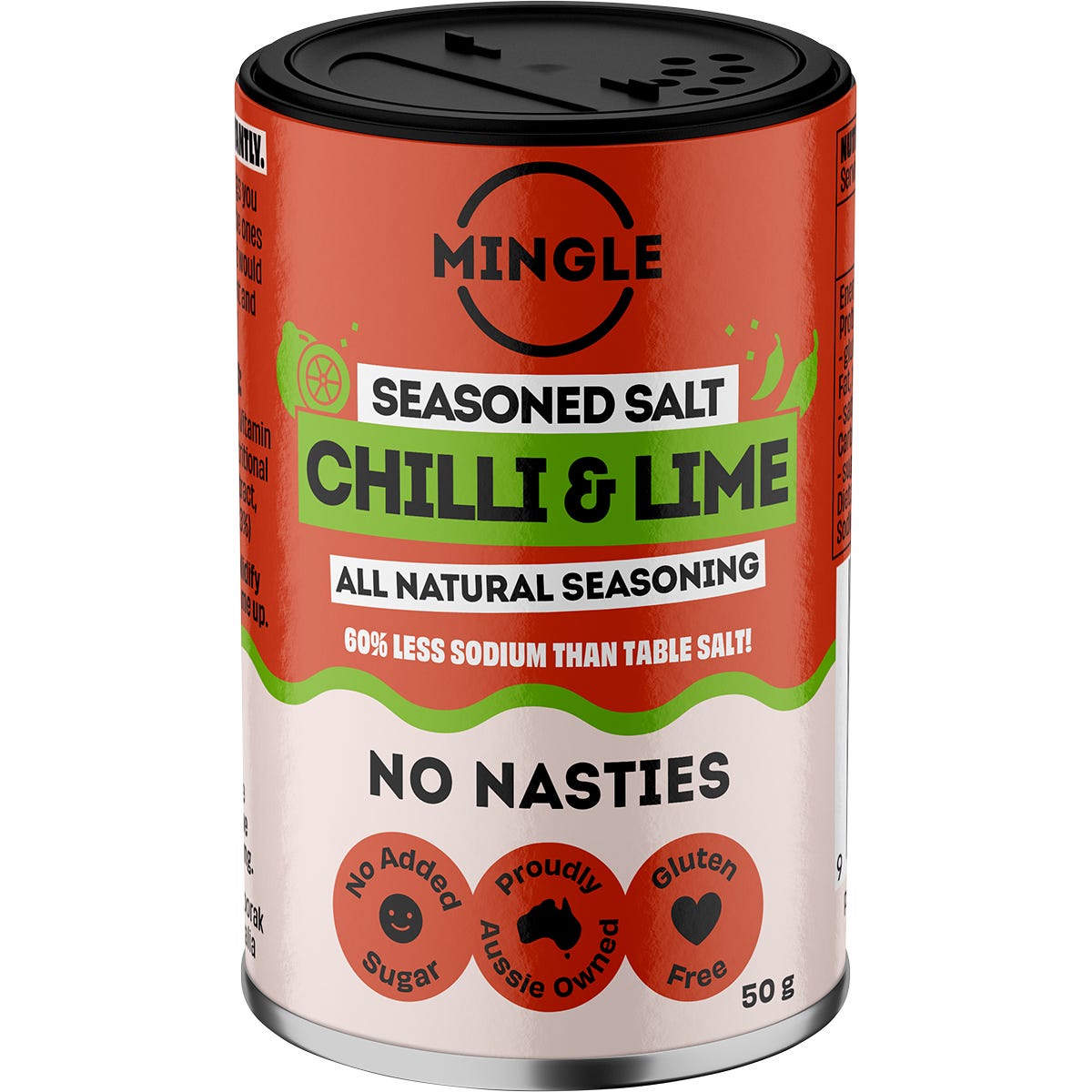 Five 50g shaker jars of Mingle Chilli and Lime All Natural Seasoning on a white background.