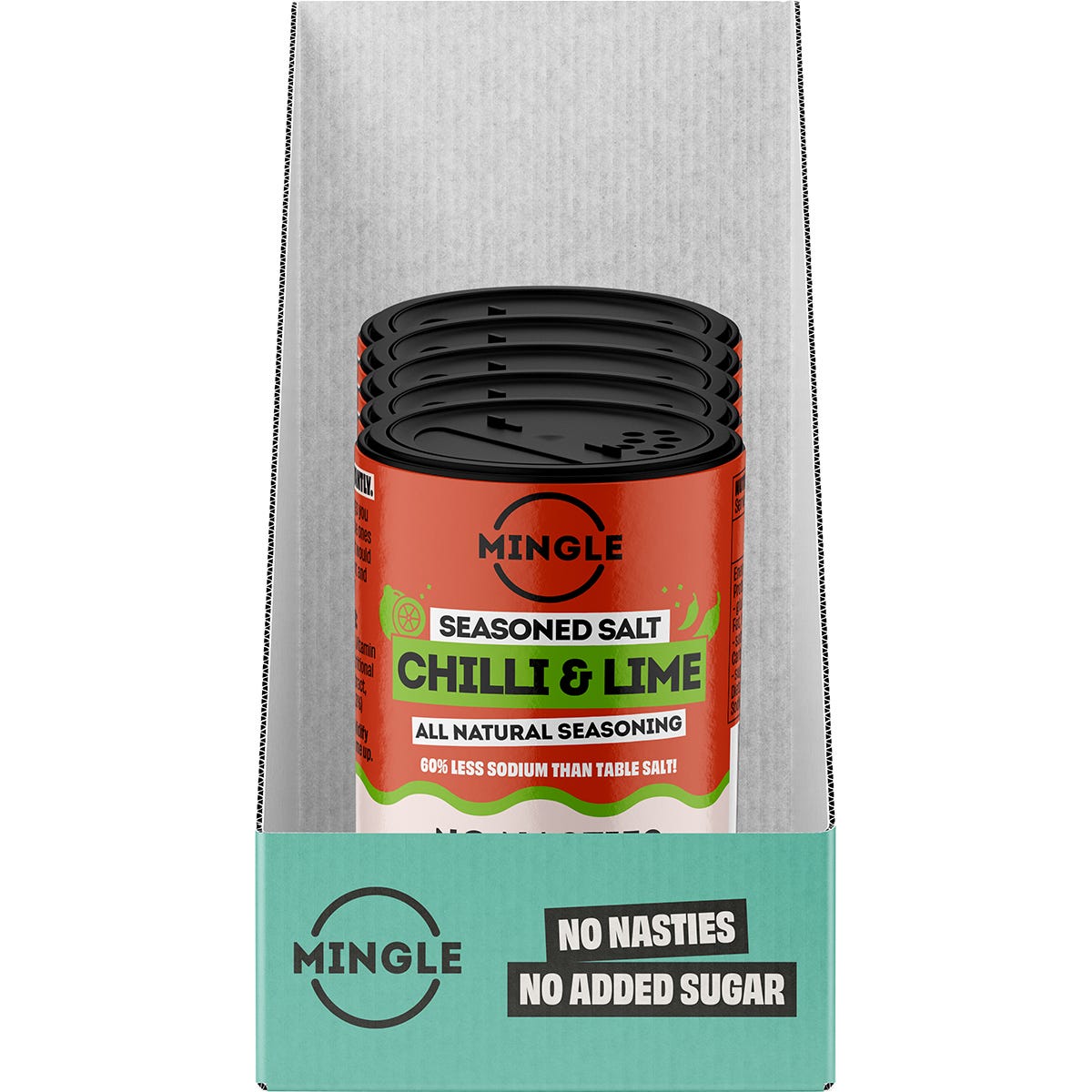 Retail display box of Mingle Chilli and Lime All Natural Seasoning with five 50g shaker jars on a white background.