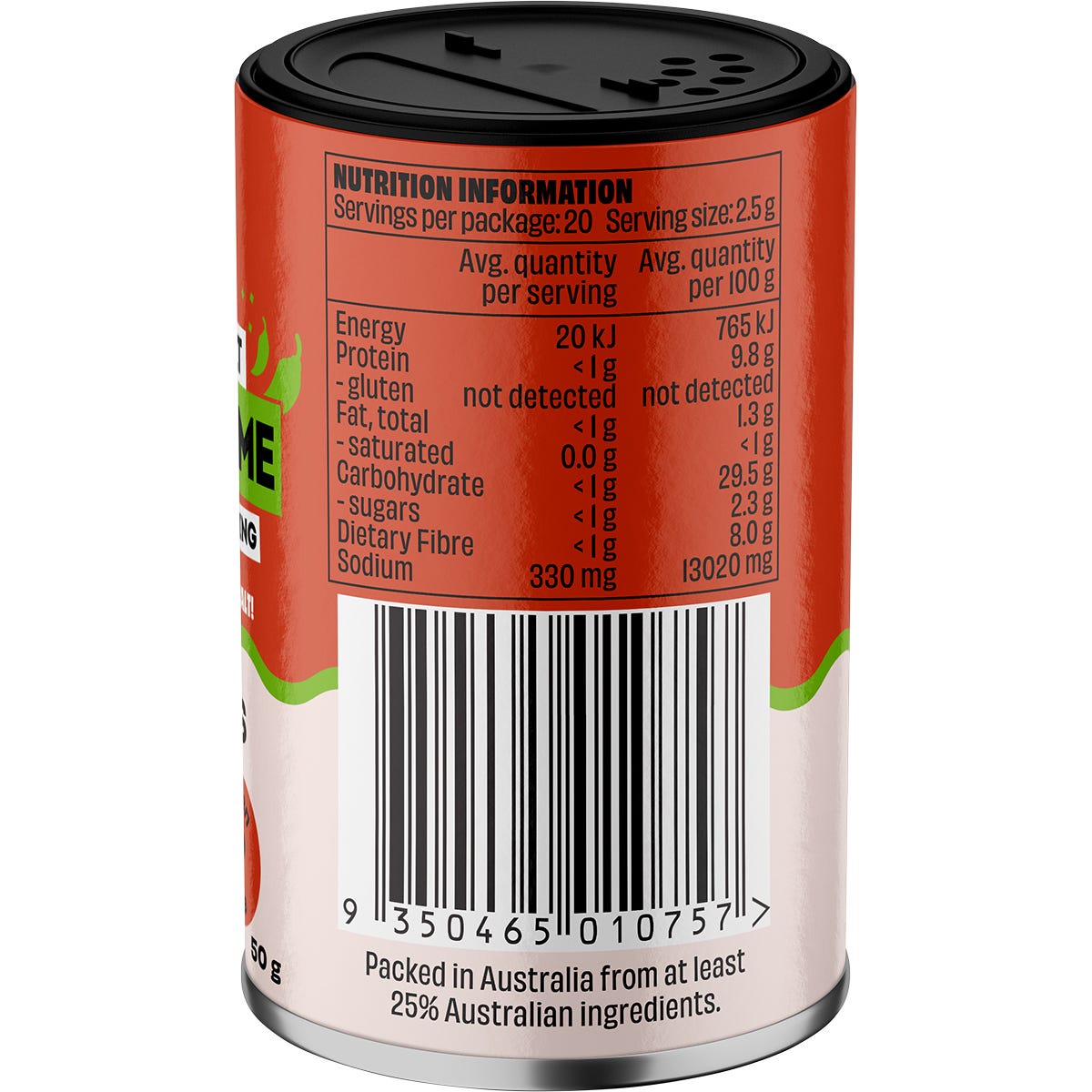 Side view of a Mingle Chilli and Lime seasoning jar on a white background showing usage suggestions and product claims.