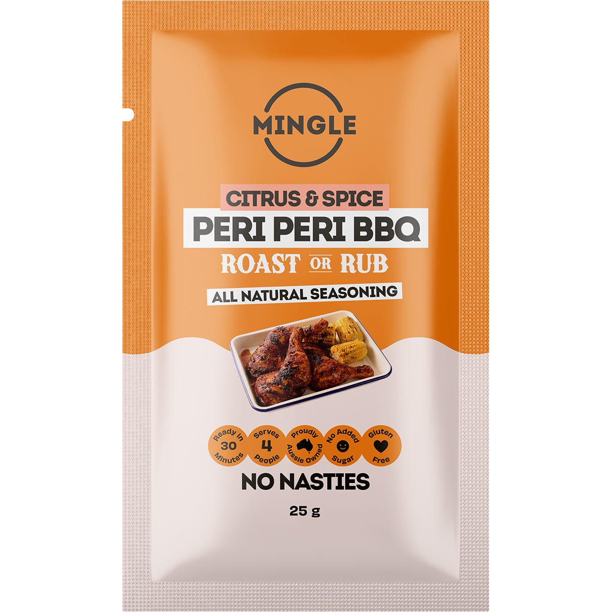 Mingle Peri Peri BBQ seasoning 25g sachet featuring a Portuguese-style chili, paprika, and lemon blend.
