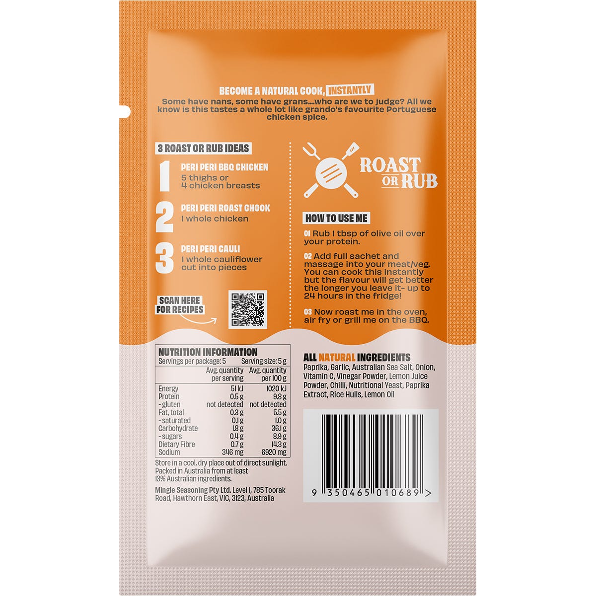 The back of a 25g Mingle Peri Peri BBQ seasoning sachet showing the ingredients list and nutritional information.