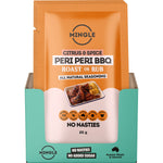Mingle Peri Peri BBQ seasoning 12x25g display box with individual sachets on a white background.
