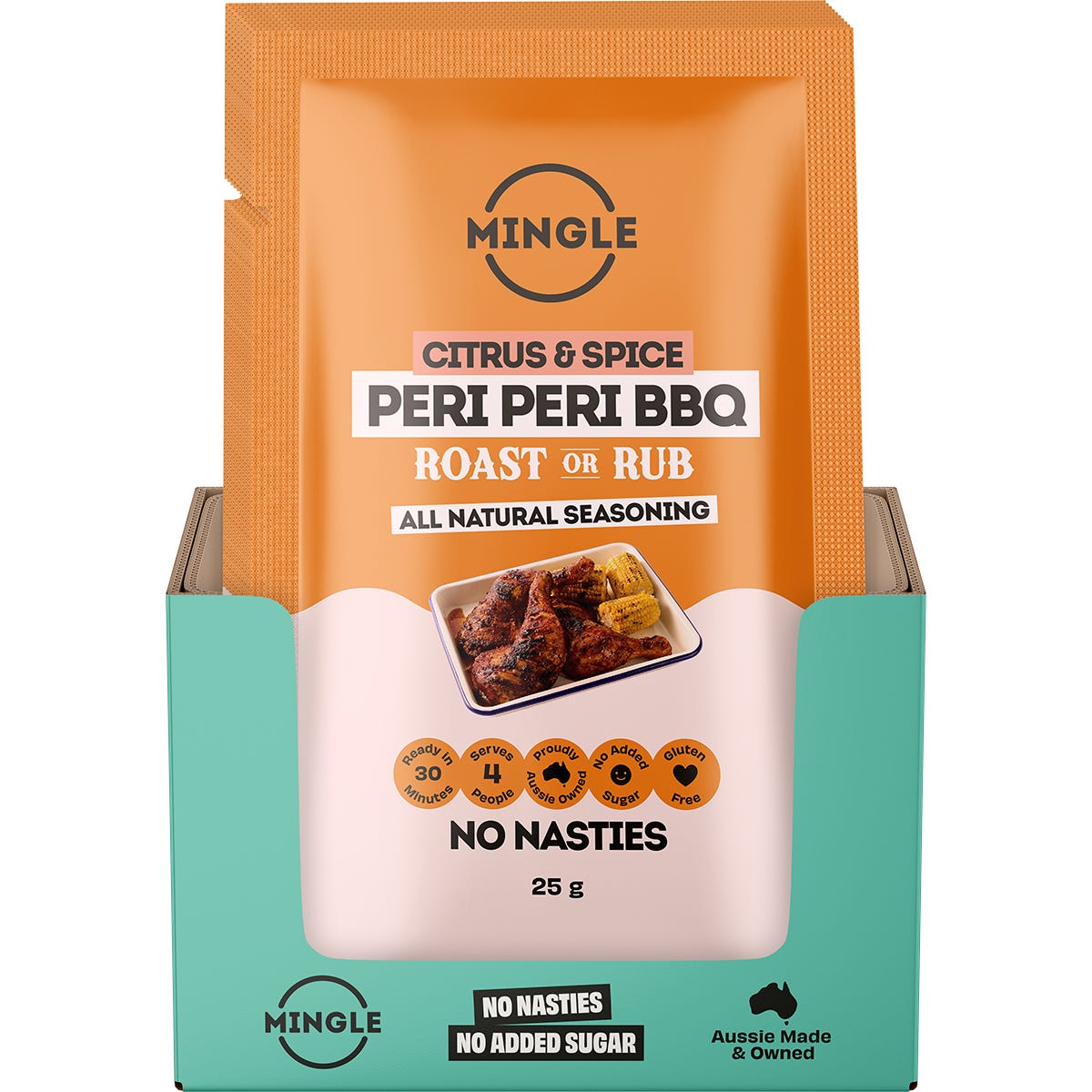 Mingle Peri Peri BBQ seasoning 12x25g display box with individual sachets on a white background.