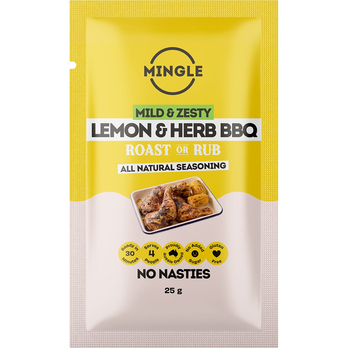 Mingle Lemon & Herb BBQ Seasoning 25g sachet featuring a yellow and white label with zesty citrus and herb illustrations.