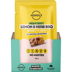 Twelve 25g sachets of Mingle Lemon & Herb BBQ Seasoning in a clear display box featuring yellow and white packaging.