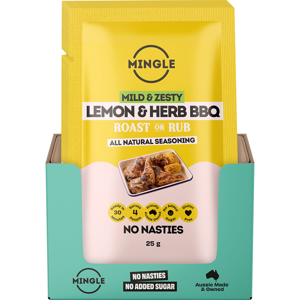 Twelve 25g sachets of Mingle Lemon & Herb BBQ Seasoning in a clear display box featuring yellow and white packaging.