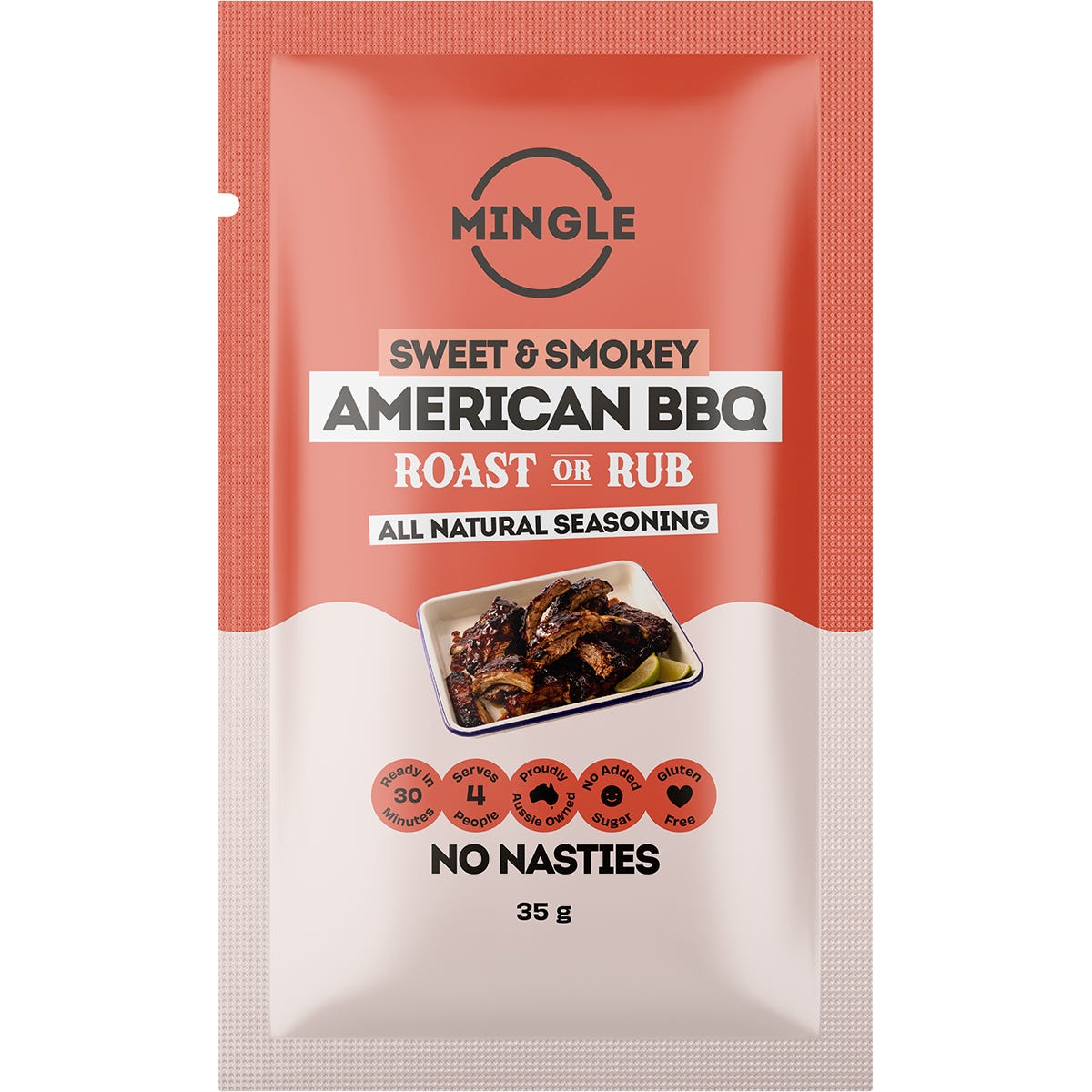 35g sachet of Mingle American BBQ Roast or Rub All Natural Seasoning with a colorful label and botanical illustrations.