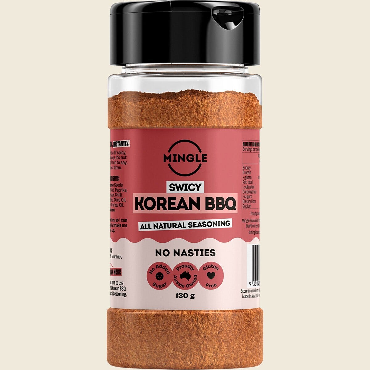 Mingle Korean BBQ All Natural Seasoning 130g bottle with onion, sesame, and garlic blend.