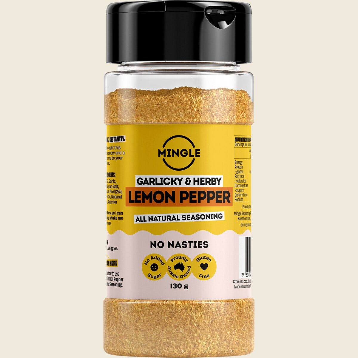 130g bottle of Mingle Citrus Pepper All Natural Seasoning with orange and lemon notes on a white background.