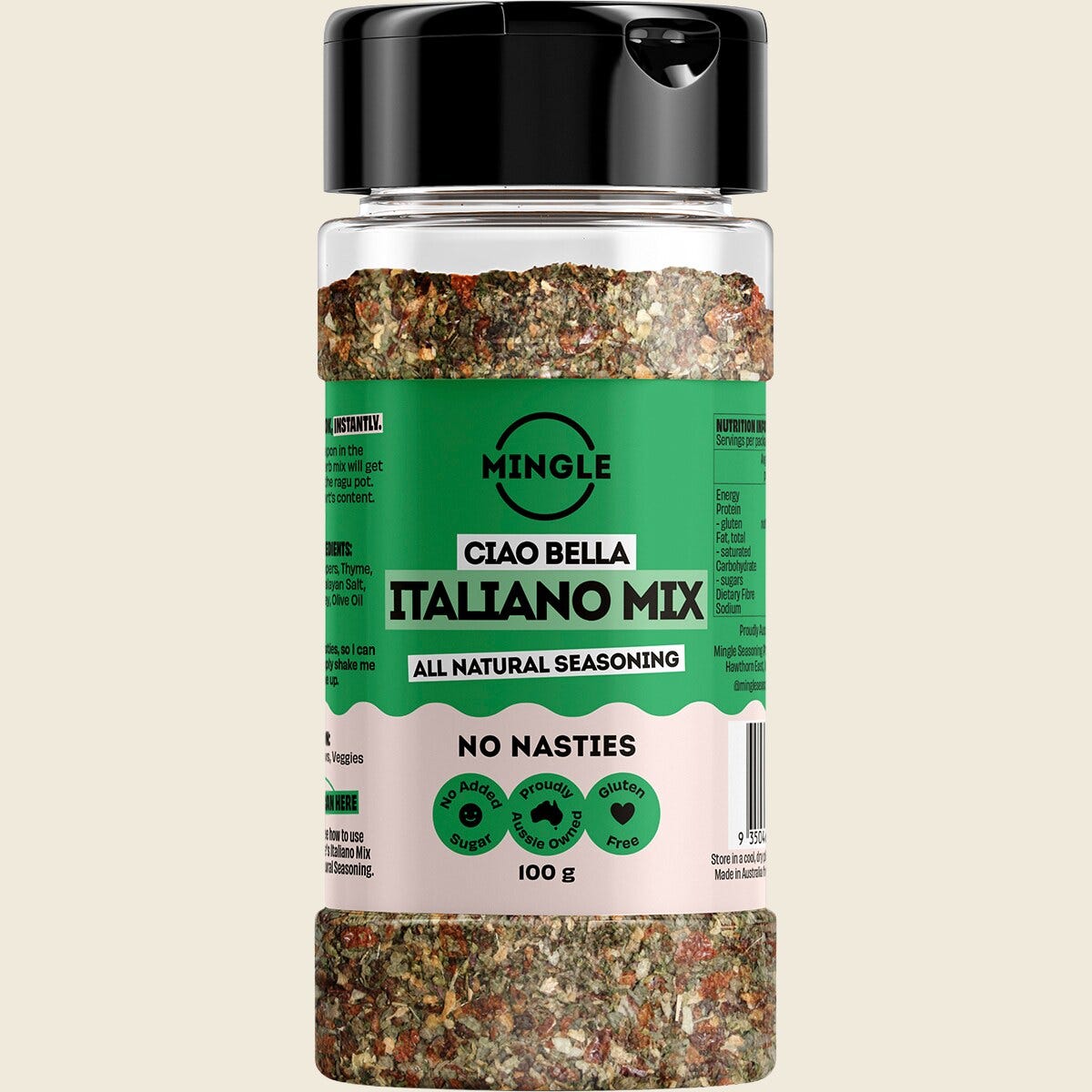 100g bottle of Mingle Italiano Mix All Natural Seasoning featuring a blend of garlic, basil, and pink Himalayan salt.