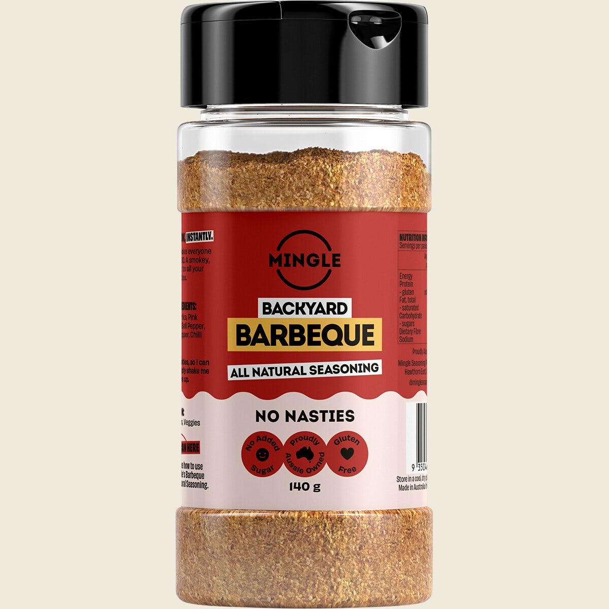 Mingle Backyard Barbeque All Natural Seasoning 140g bottle with a colourful label on a white background.