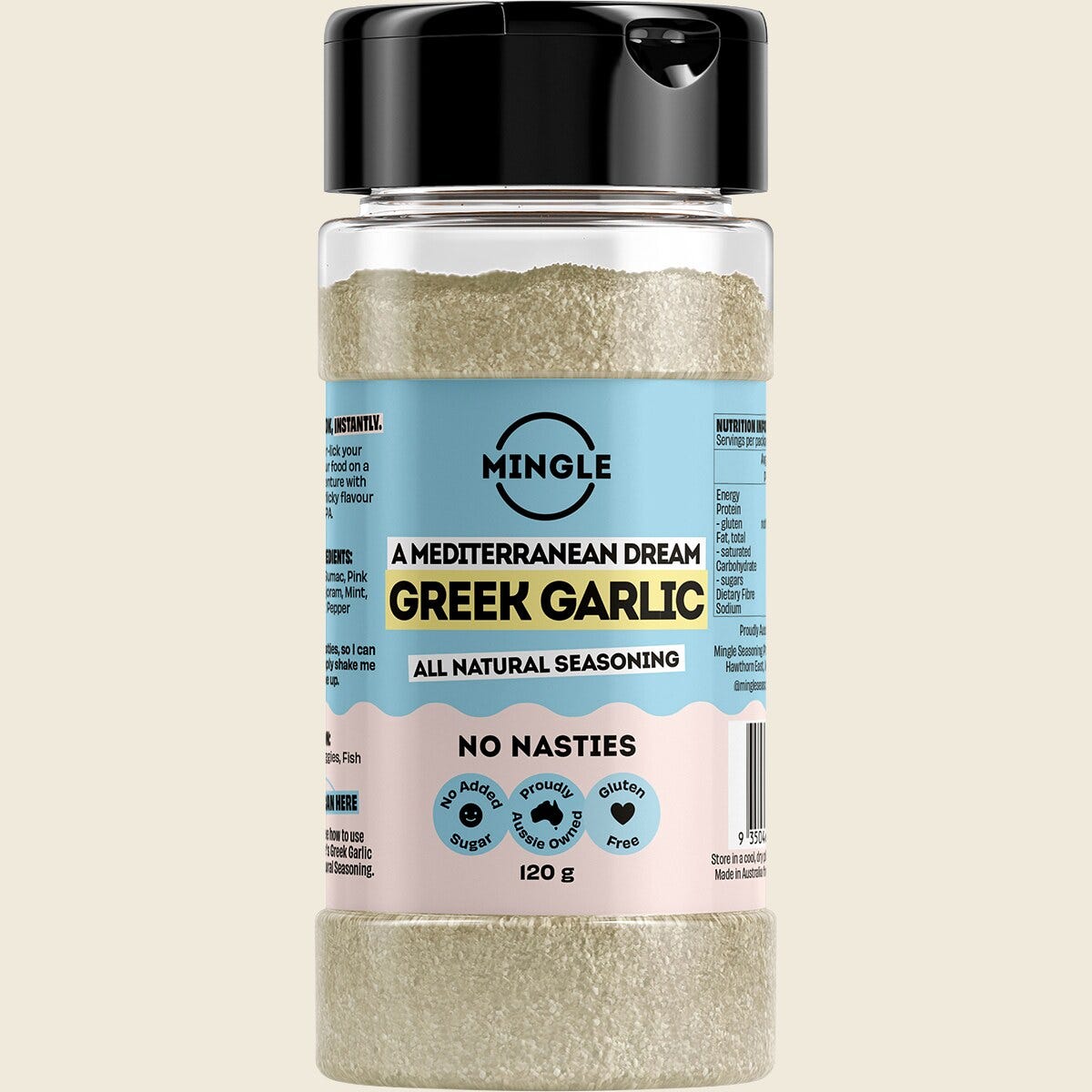 120g bottle of Mingle Greek Garlic All Natural Seasoning with a yellow label and Mediterranean herb illustrations.