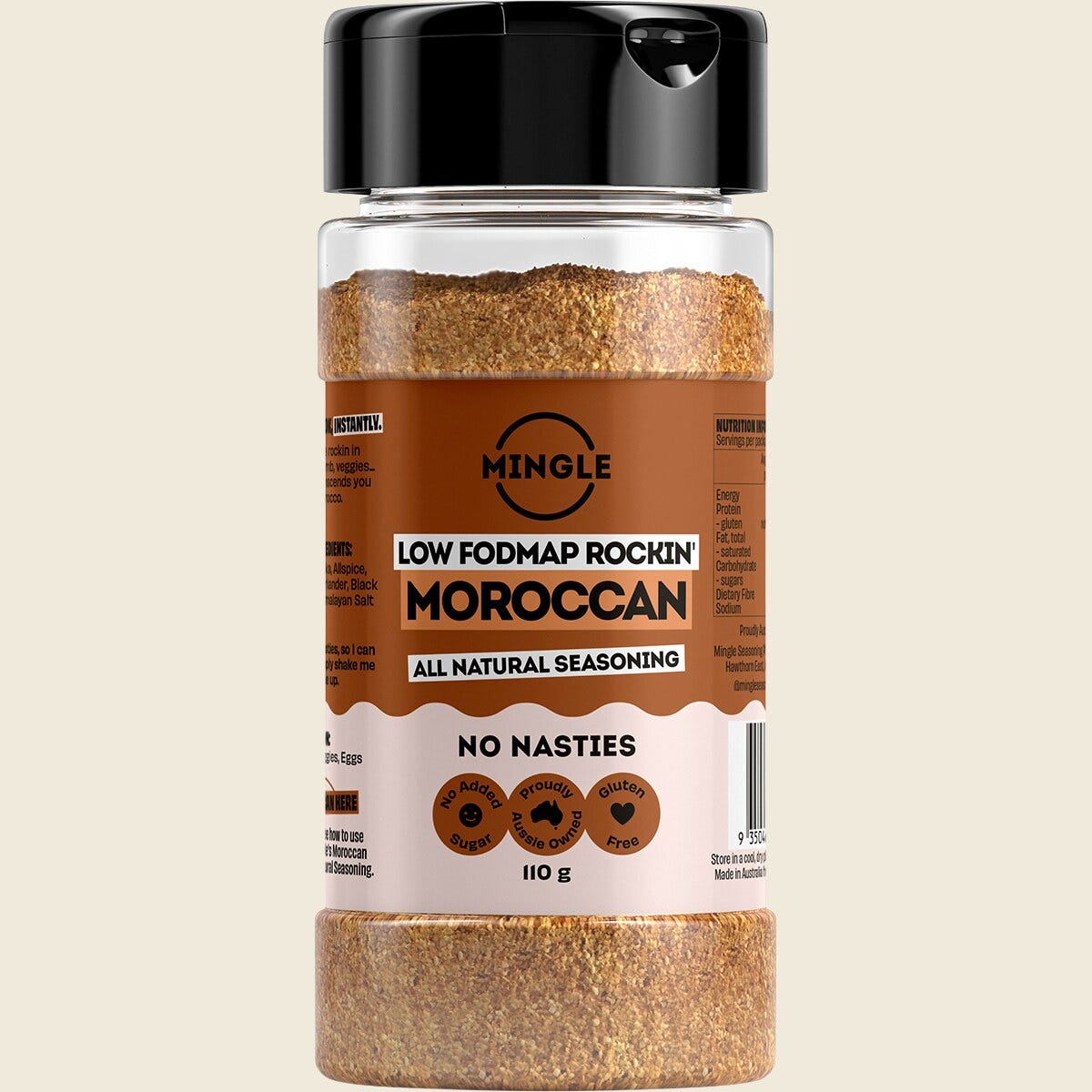 Mingle Moroccan All Natural Seasoning 110g shaker bottle with a yellow and orange label on a white background.
