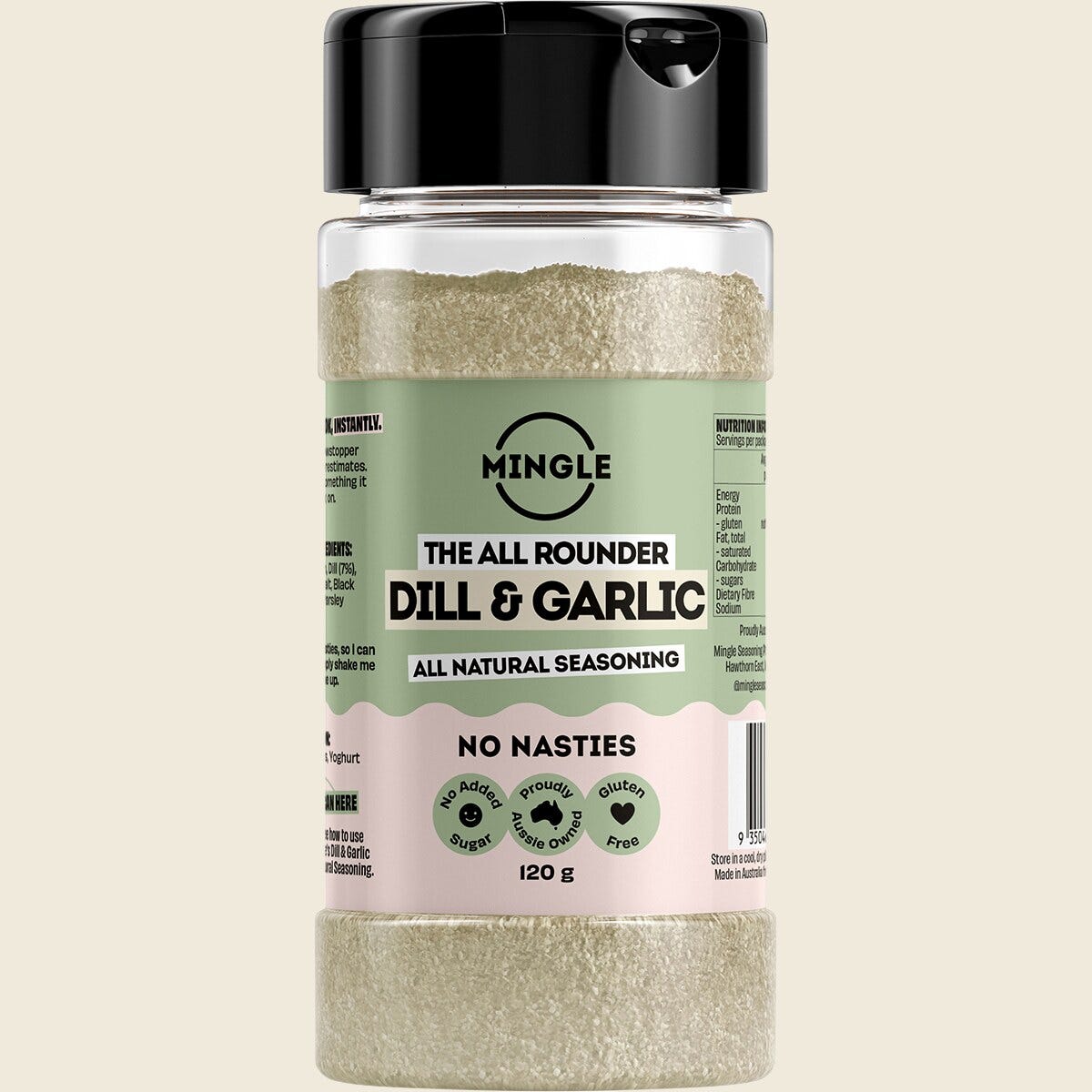120g shaker of Mingle Dill and Garlic All Natural Seasoning with a clean, botanical-style label on a white background.