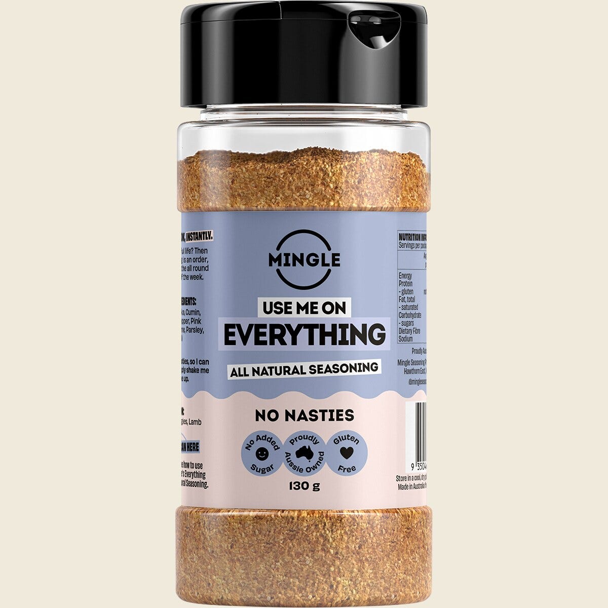 130g large bottle of Mingle Use Me On Everything All Natural Seasoning with a colorful label on a white background.