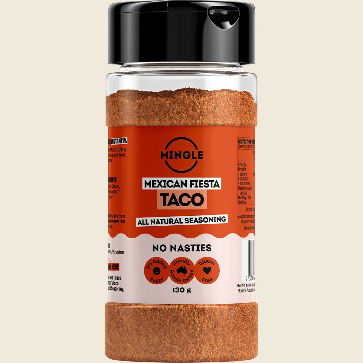130g jar of Mingle Mexican Fiesta Taco Seasoning with a green label featuring chili and garlic illustrations.