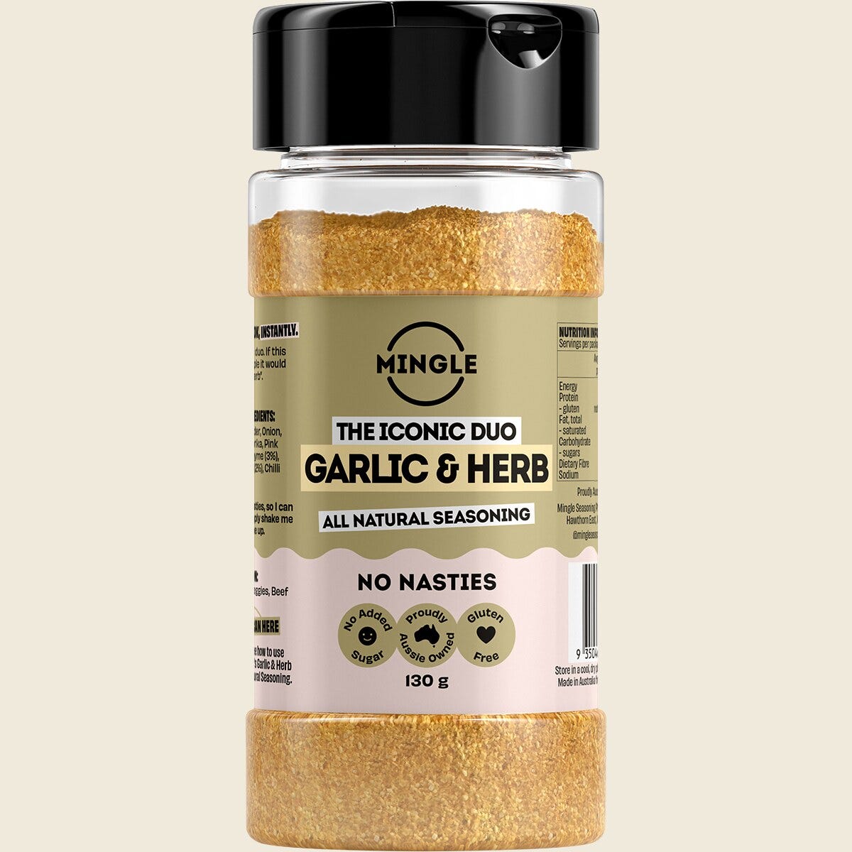 130g bottle of Mingle Garlic and Herb All Natural Seasoning with aromatic herbs and no artificial additives.