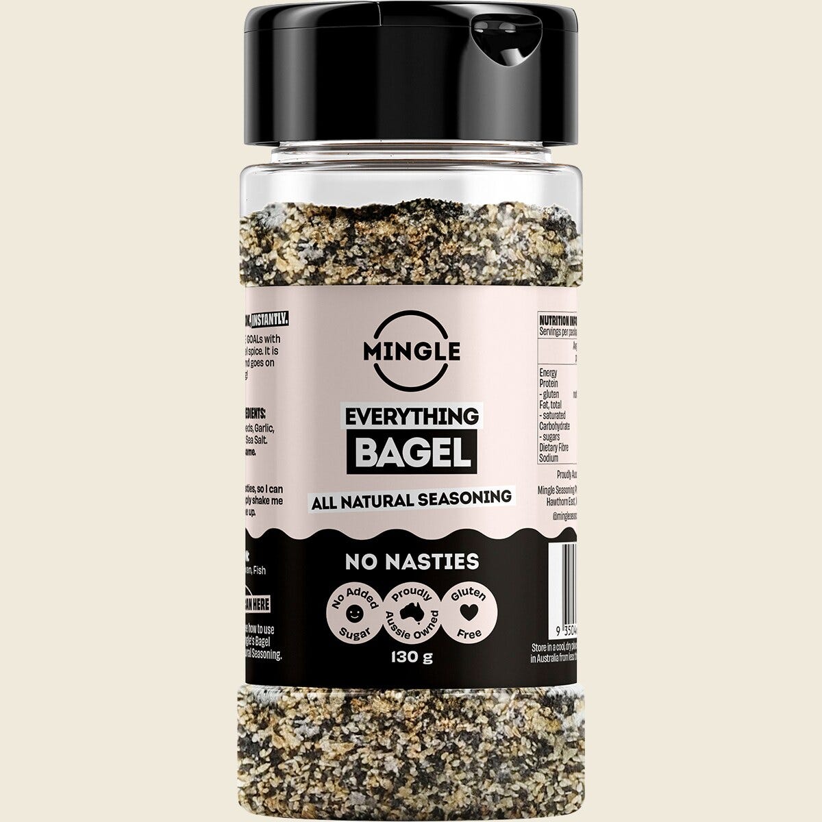 Mingle Everything Bagel All Natural Seasoning 130g large bottle featuring toasted sesame seeds, garlic, and onion.