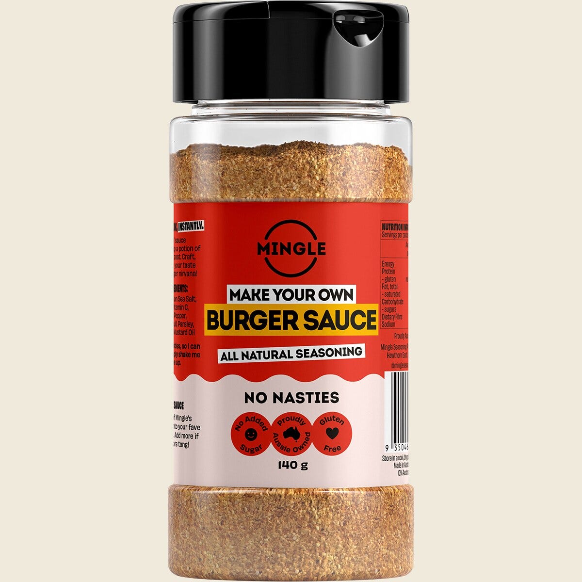 140g bottle of Mingle Burger Sauce All Natural Seasoning featuring a yellow label with a burger illustration.