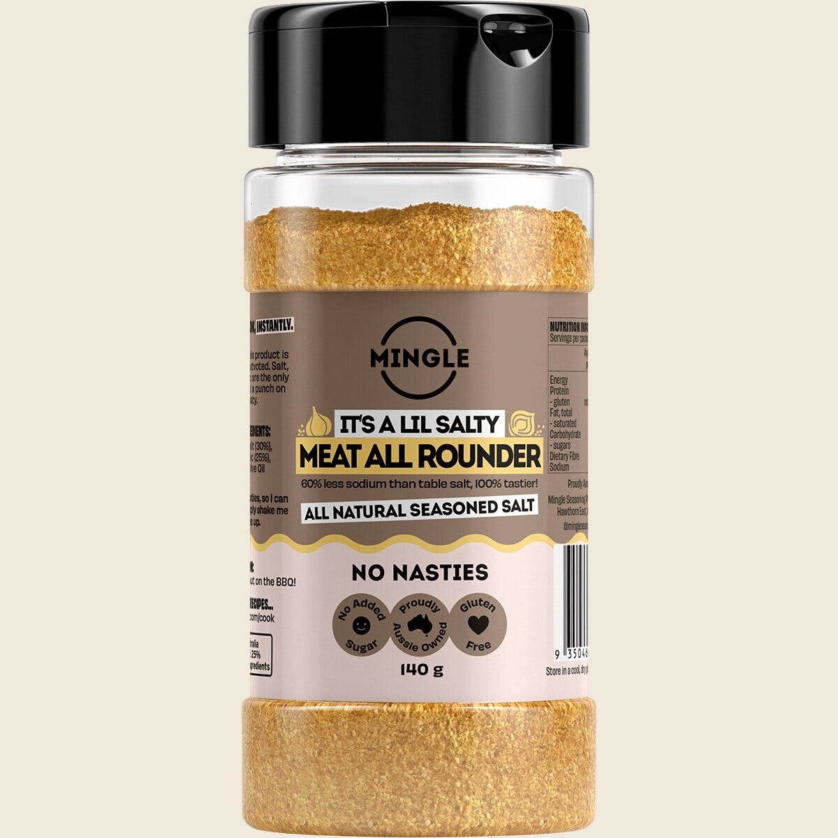 140g shaker of Mingle Meat All Rounder seasoned salt with onion, garlic, and pepper on a white background.