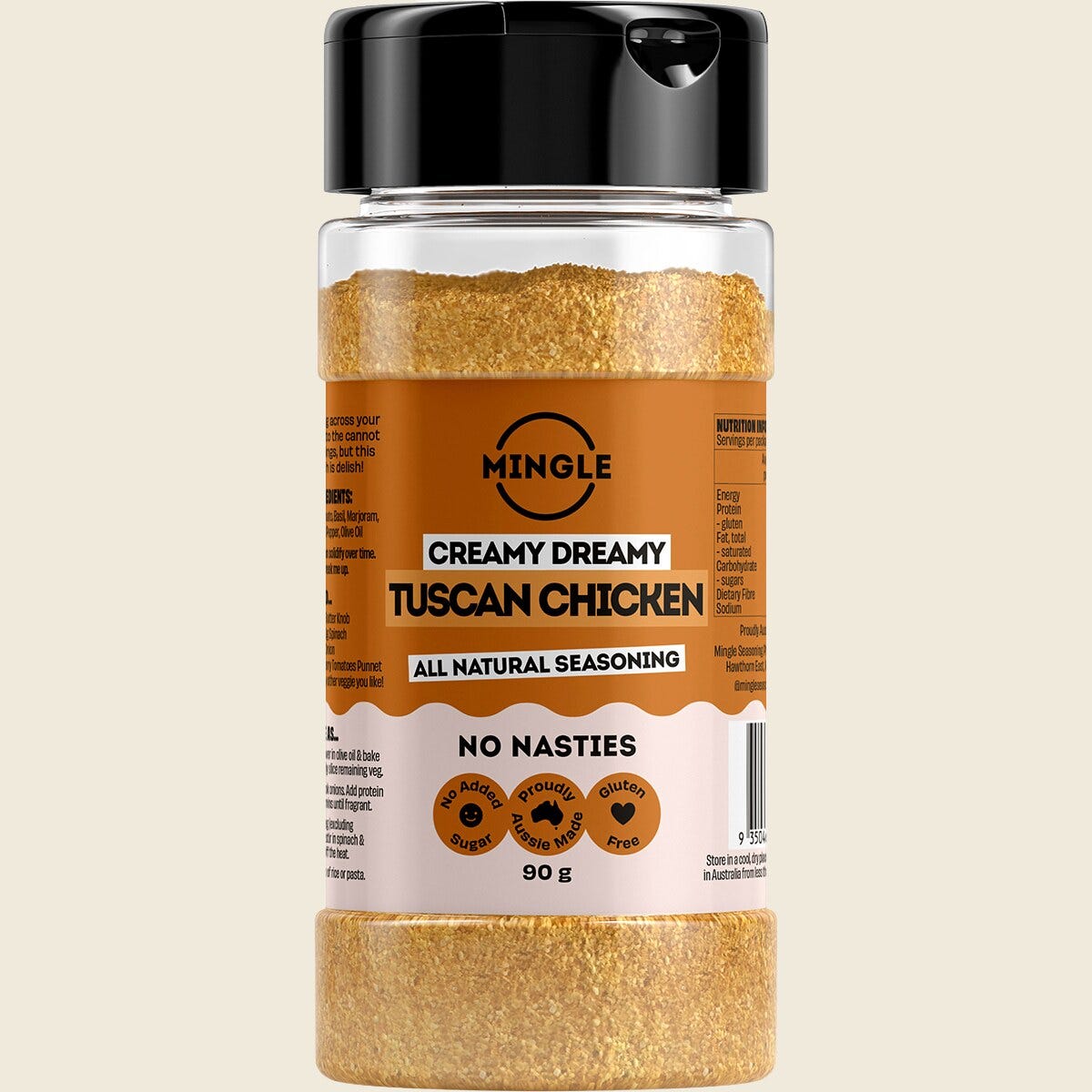 Mingle Tuscan Chicken All Natural Seasoning 90g bottle with a white label and botanical illustrations on a white background.