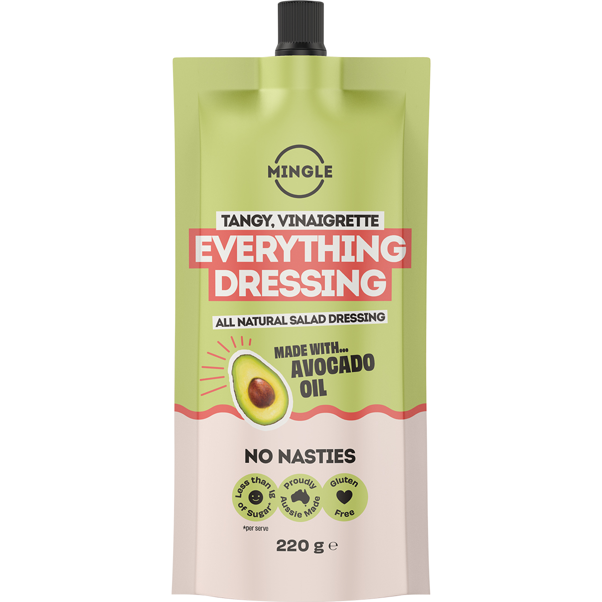 A 220g squeeze pouch of Mingle Everything Dressing in Tangy, Vinaigrette flavor, featuring a light green top half and a pale pink bottom half with a black cap.