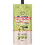 A 220g squeeze pouch of Mingle Everything Dressing in Tangy, Vinaigrette flavor, featuring a light green top half and a pale pink bottom half with a black cap.