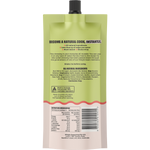 Back view of a Minde Seafood sauce pouch showing product details, ingredients, nutrition facts, and a barcode on a white background.