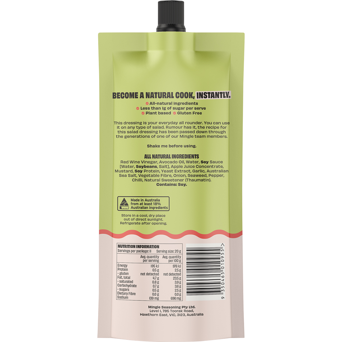Back view of a Minde Seafood sauce pouch showing product details, ingredients, nutrition facts, and a barcode on a white background.