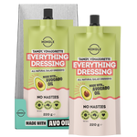 Two pouches of Mingle Everything Dressing with avocado oil, displayed in front of their silver packaging box on a white background.