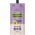 A single squeeze pouch of Mingle Mediterranean Dream Balsamic Dressing on a plain white background. The packaging is primarily lavender purple with a black cap, featuring green and white text, an avocado illustration, and product claims at the bottom.