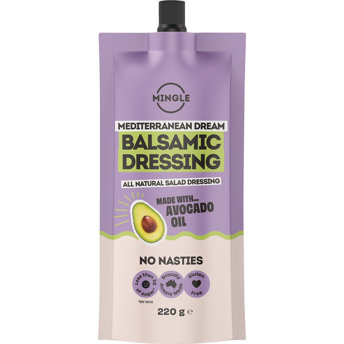 A single squeeze pouch of Mingle Mediterranean Dream Balsamic Dressing on a plain white background. The packaging is primarily lavender purple with a black cap, featuring green and white text, an avocado illustration, and product claims at the bottom.