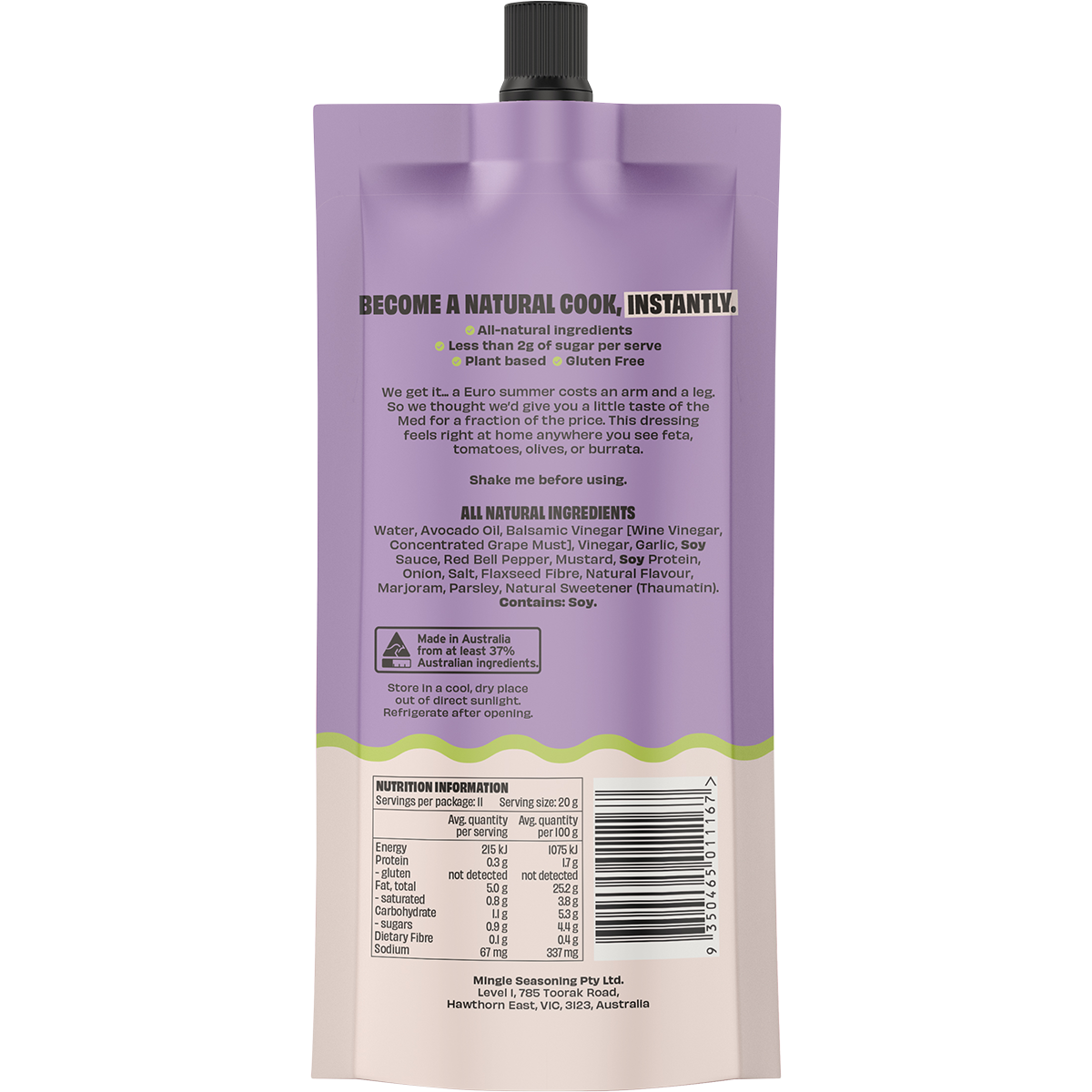 Back view of a purple and beige squeeze pouch with a black cap, showing product text, ingredients, nutrition facts, and a barcode on a white background.