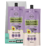 Two purple squeeze pouches of Mingle Mediterranean Dream Balsamic dressing with avocado oil, displayed in front of their teal and white retail box on a white background.
