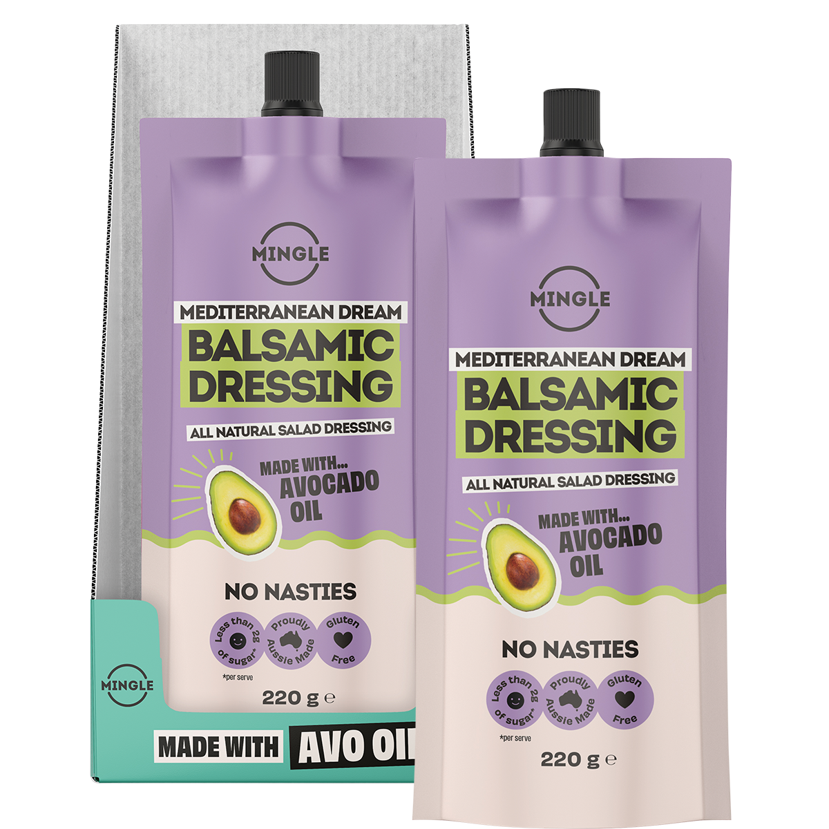 Two purple squeeze pouches of Mingle Mediterranean Dream Balsamic dressing with avocado oil, displayed in front of their teal and white retail box on a white background.