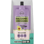 Mingle Mediterranean Dream Balsamic Dressing in a 220g squeeze pouch, packaged in a clear plastic display box with a teal cardboard base.