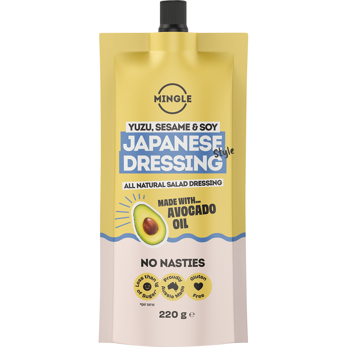 A 220g squeeze pouch of Mingle Japanese Dressing (Yuzu, Sesame & Soy) on a plain white background. The packaging features a yellow top half and a light beige bottom half, with blue and white text and graphics.