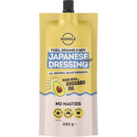 A 220g squeeze pouch of Mingle Japanese Dressing (Yuzu, Sesame & Soy) on a plain white background. The packaging features a yellow top half and a light beige bottom half, with blue and white text and graphics.