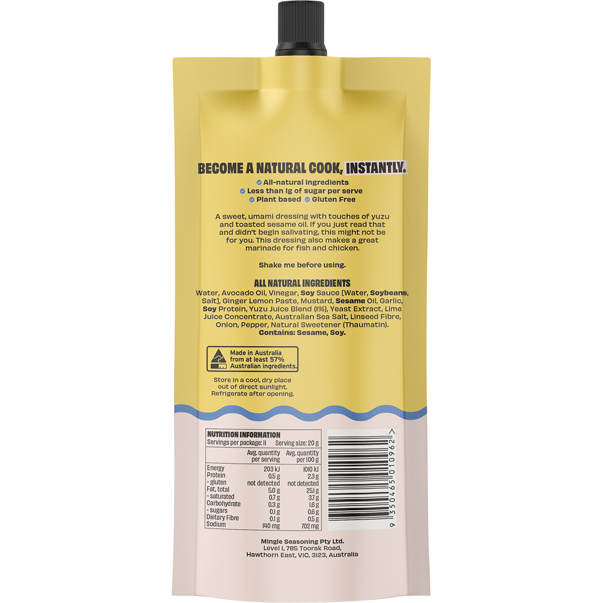 Back view of a Minze Sesameing dressing pouch, showing the yellow upper section with black text, a wavy blue line, and a beige lower section with nutrition facts and a barcode.