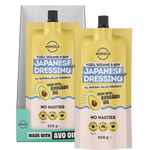 Two pouches of Mingle Japanese Dressing (Yuzu, Sesame & Soy) displayed in front of their grey cardboard packaging on a white background.