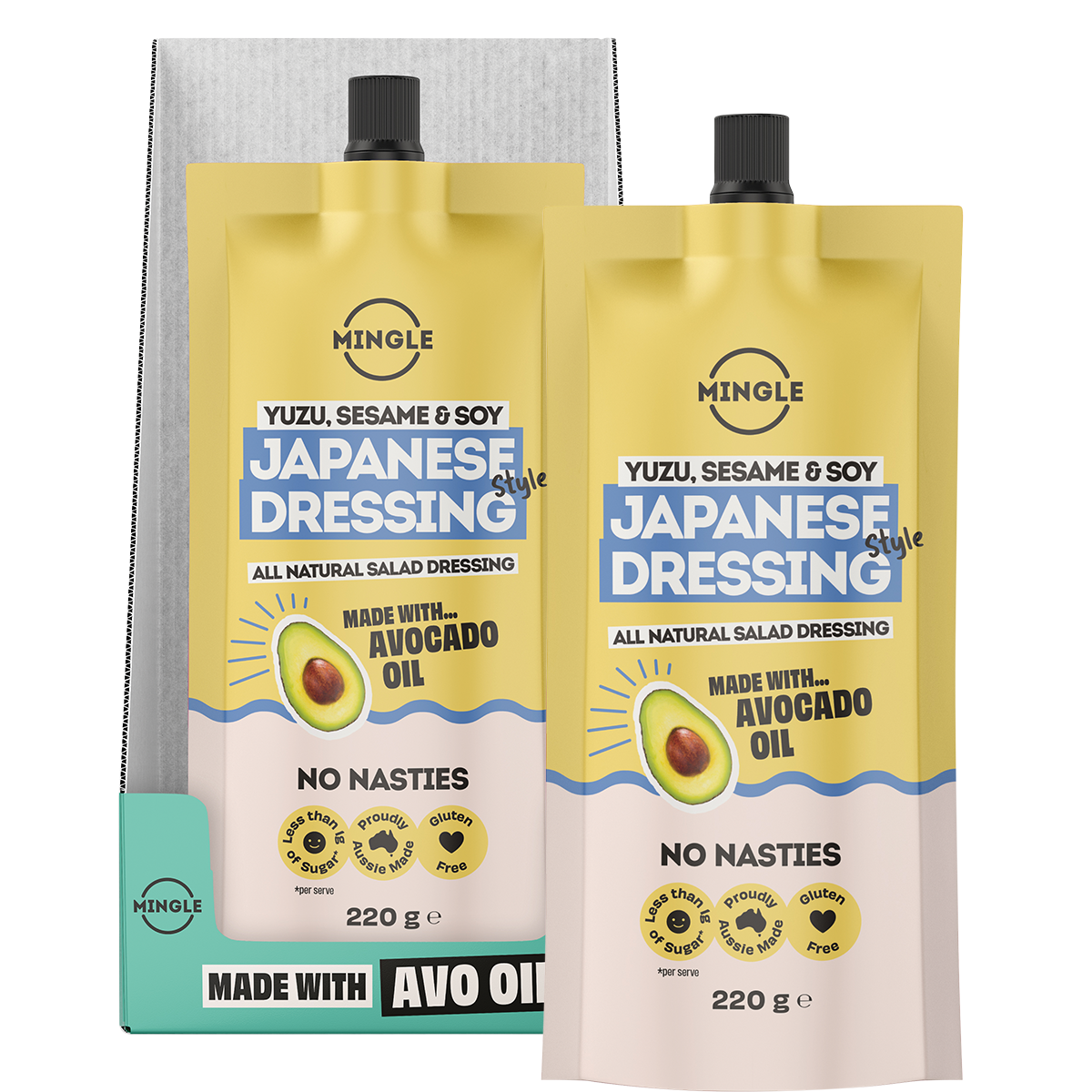 Two pouches of Mingle Japanese Dressing (Yuzu, Sesame & Soy) displayed in front of their grey cardboard packaging on a white background.