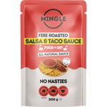 Mingle Salsa & Taco All Natural Sauce 200g glass bottle with fire roasted capsicum and tomato illustrations.