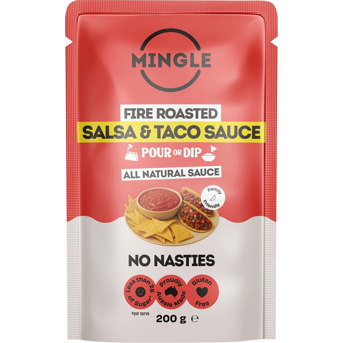 Mingle Salsa & Taco All Natural Sauce 200g glass bottle with fire roasted capsicum and tomato illustrations.