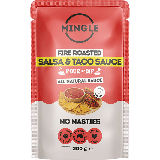 Mingle Salsa & Taco All Natural Sauce 200g glass bottle with fire roasted capsicum and tomato illustrations.