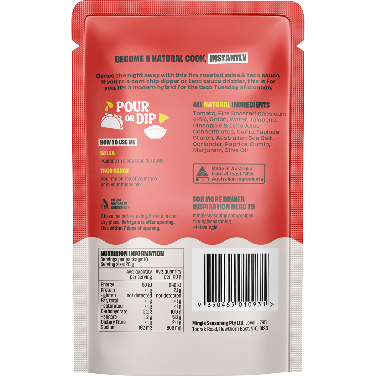 Back of Mingle Salsa & Taco Sauce bottle with nutrition facts, ingredients list, and storage instructions.