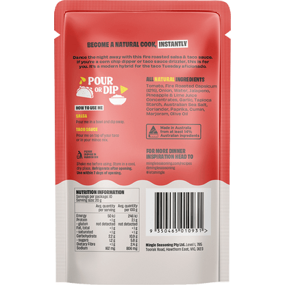 Back of Mingle Salsa & Taco Sauce bottle with nutrition facts, ingredients list, and storage instructions.