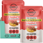 Mingle Salsa & Taco All Natural Sauce 200g glass bottle shown with a serving of tacos and fresh ingredients.